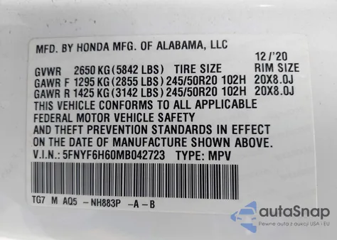 2021 Honda Pilot Awd Touring 7 Passenger из США, поврежденный, VIN 5FNYF6H60MB042723